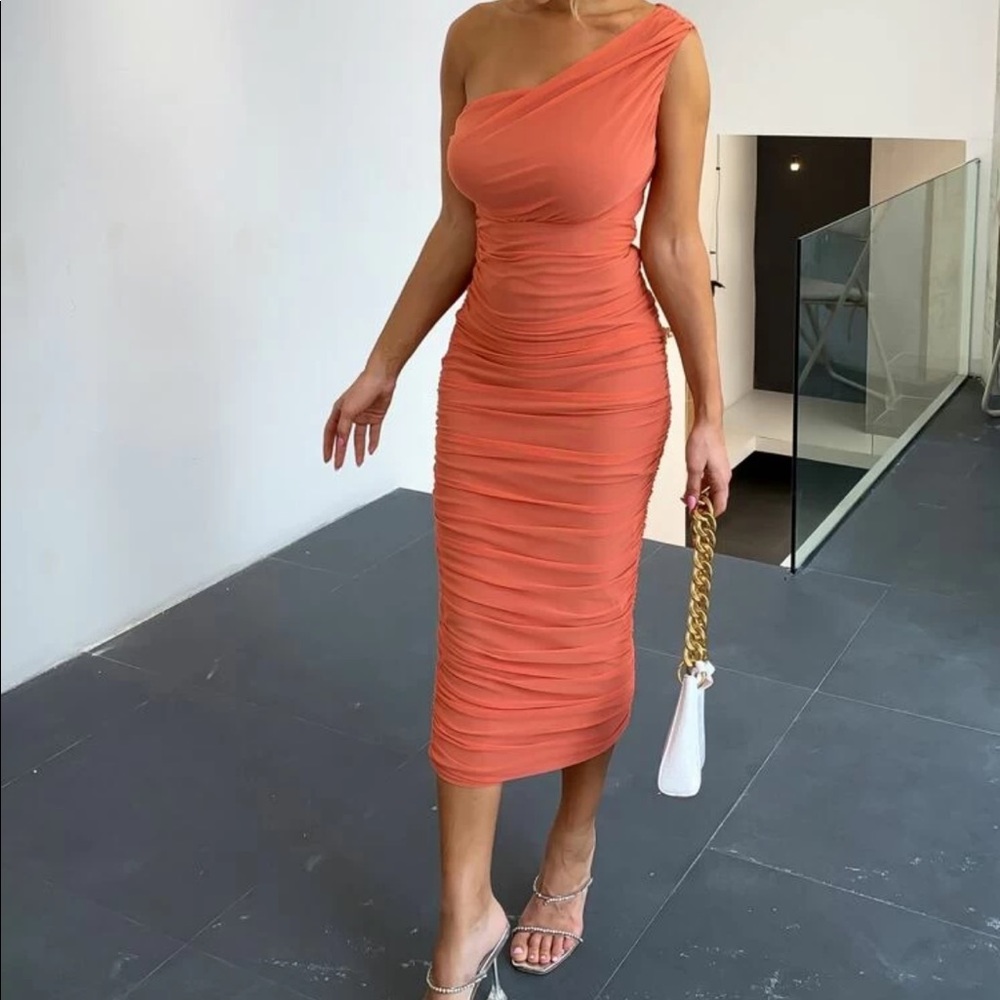 Ruched One Shoulder Midi Dress